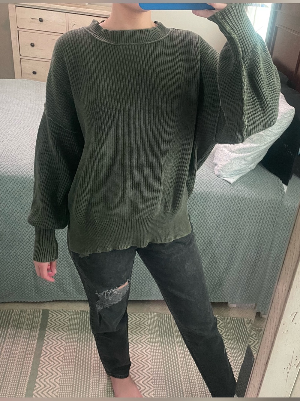 Aerie Olive Green Ribbed Crewneck Sweater